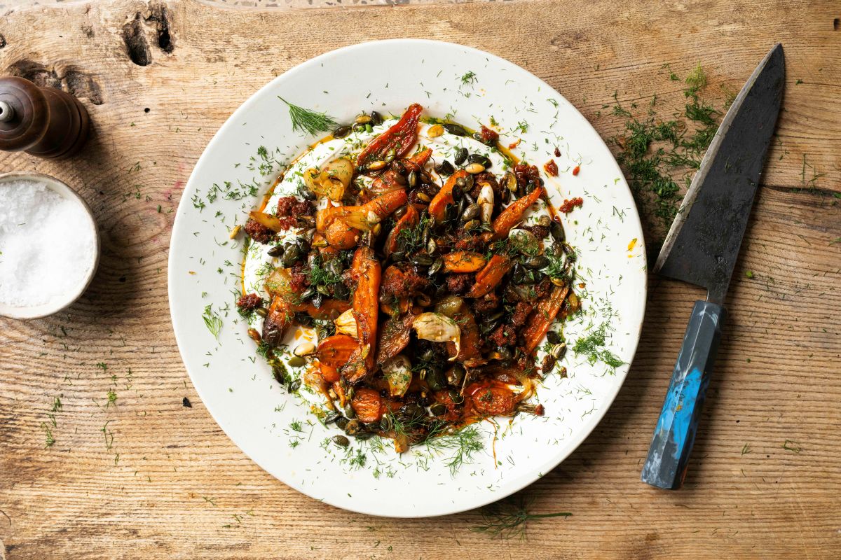 Gill Meller's Roast autumn carrots with ’nduja, cottage cheese and fennel tops