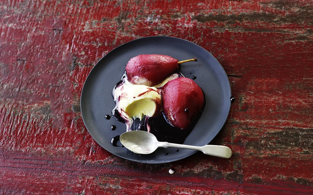 Gill Meller's poached pears with blackberries, thyme and honey ice cream