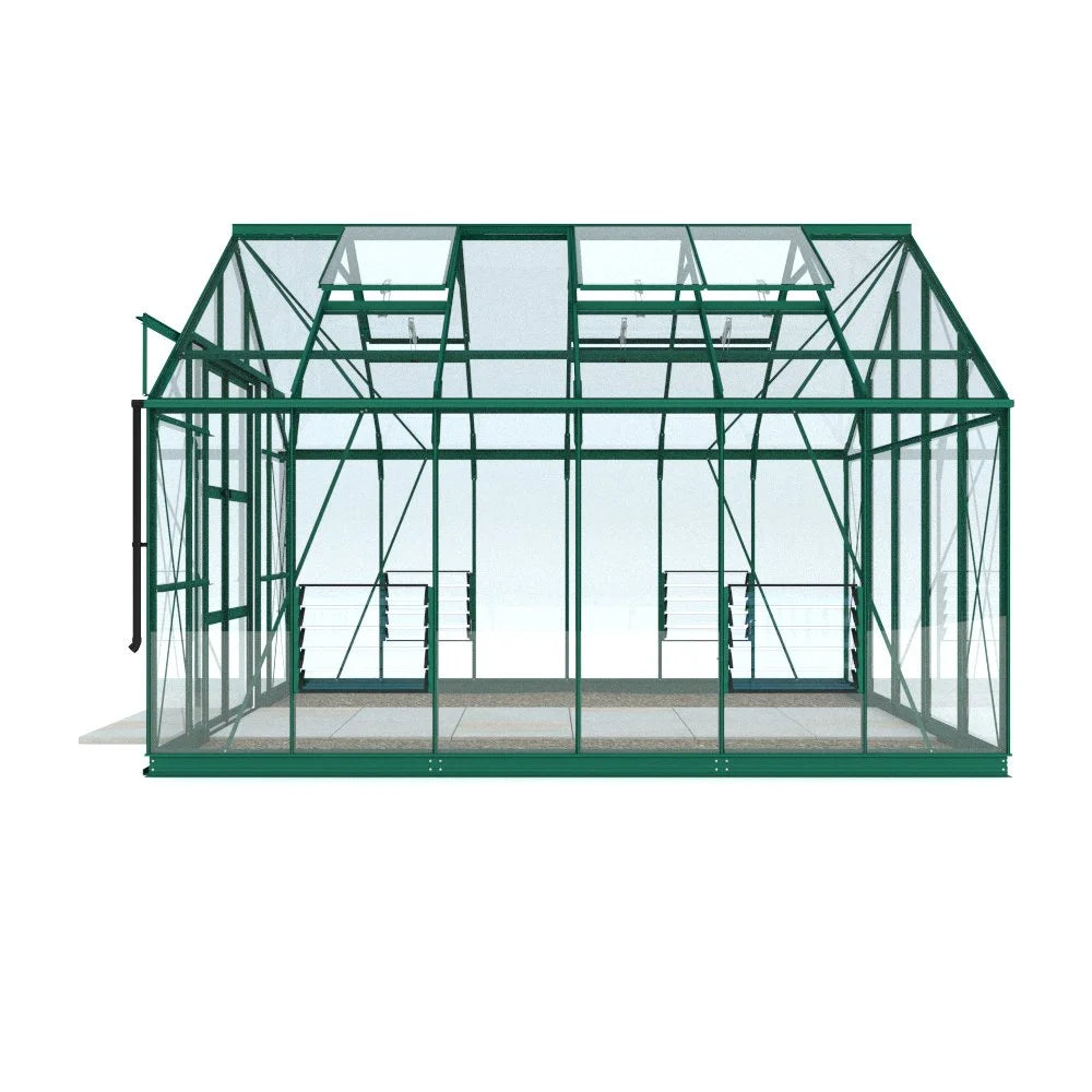 A green, glass-paneled Rhino Greenhouse stands stationary on a light-colored surface with clear panels and a pitched roof, surrounded by an open, white background.