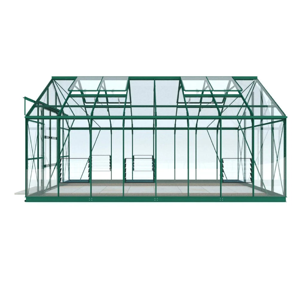 Rhino Greenhouse with green metal frame stands on a plain surface, featuring transparent glass panels and two ventilation windows, surrounded by a white background, suggesting a promotional display.