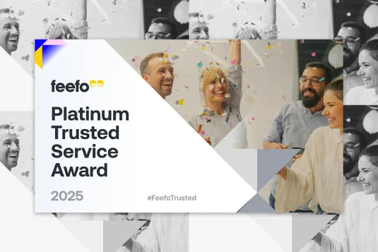 People celebrating with confetti in a festive atmosphere. Text: Feefo Platinum Trusted Service Award 2025 #FeefoTrusted. Surrounding images show smiling individuals.