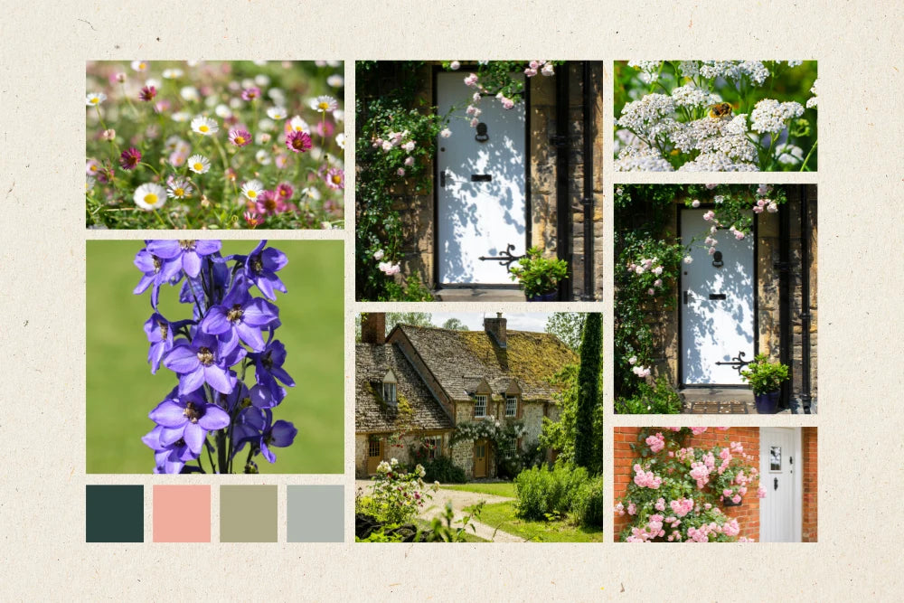Collage of vibrant flowers and charming cottages with rustic doors, surrounded by lush greenery. Includes a color palette featuring dark green, pink, beige, and gray tones.