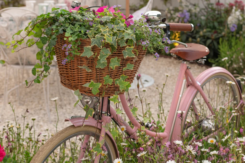Pink bicycle with a wicker basket full of green ivy and purple-pink flowers. It is parked amidst a lush, colorful garden, surrounded by wildflowers and greenery.