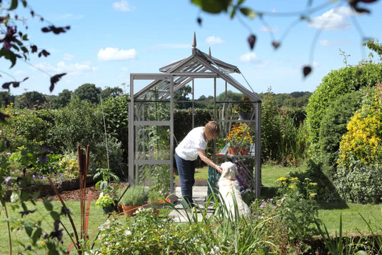 A person is bending to pet a dog in front of a glass Rhino Greenhouse surrounded by lush, colorful garden plants on a sunny day.