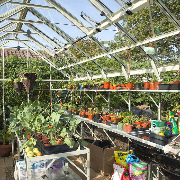 Potted plants on two shelves inside a Rhino Greenhouse