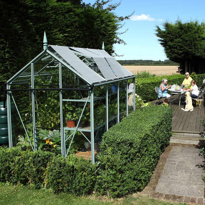 Rhino Premium Blue Grass greenhouse in sunny garden